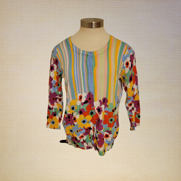 90s Floral Stripe Button Up Cardigan Joseph A Multicolor Large 3/4 Sleeve - Picture 1 of 8